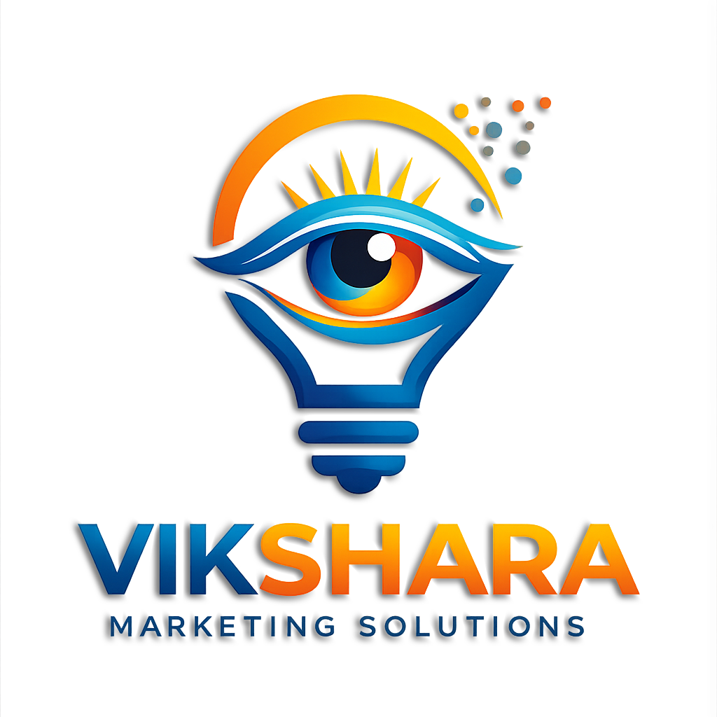 Vikshara Marketing Solutions logo with an eye symbol representing customer attention and strategic digital marketing, designed in blue and saffron colors.